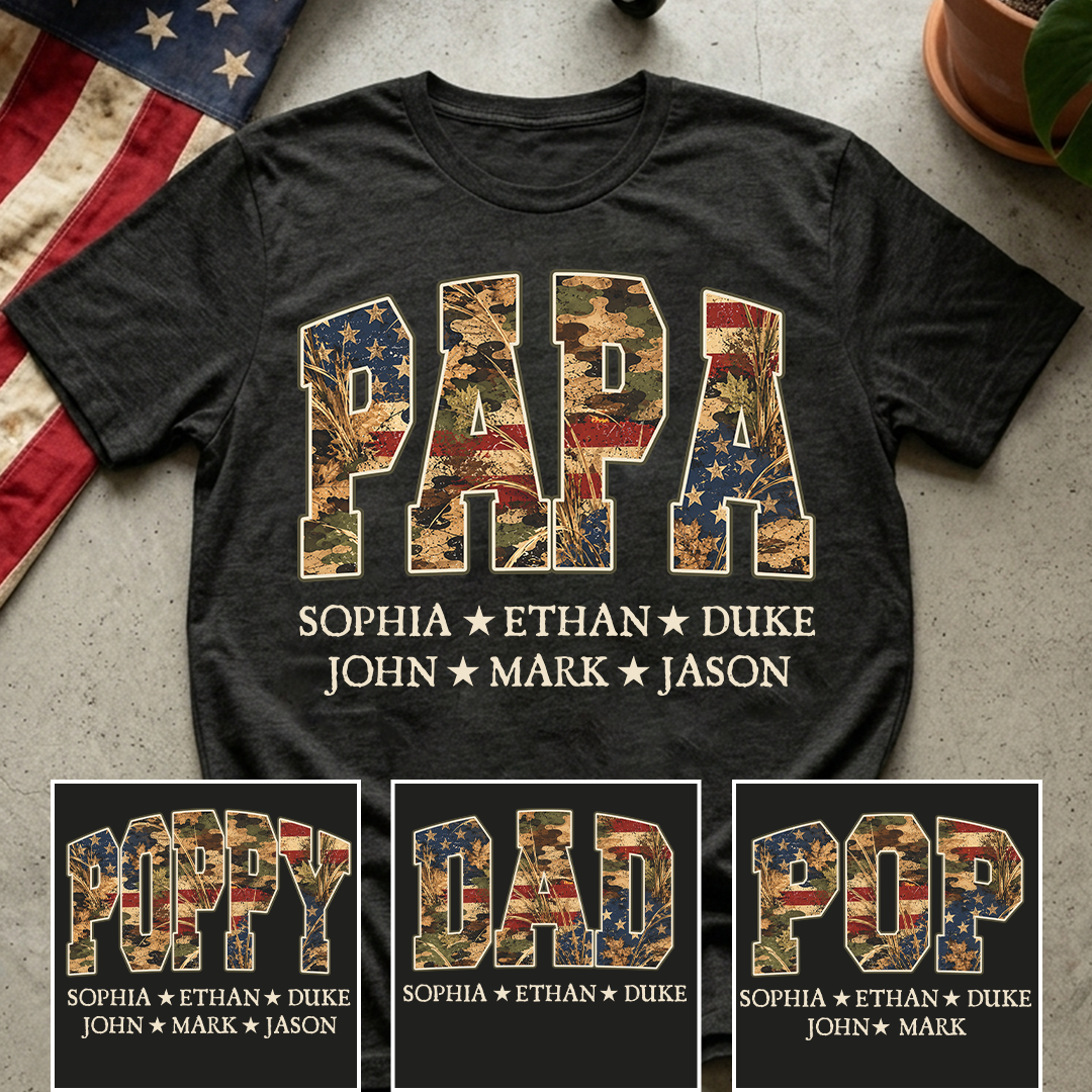 Patriotic  American Flag Camo Dad Papa Pop Custom Name Father’s Day Gift T-Shirt