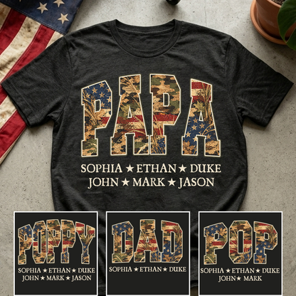 Patriotic  American Flag Camo Dad Papa Pop Custom Name Father’s Day Gift T-Shirt