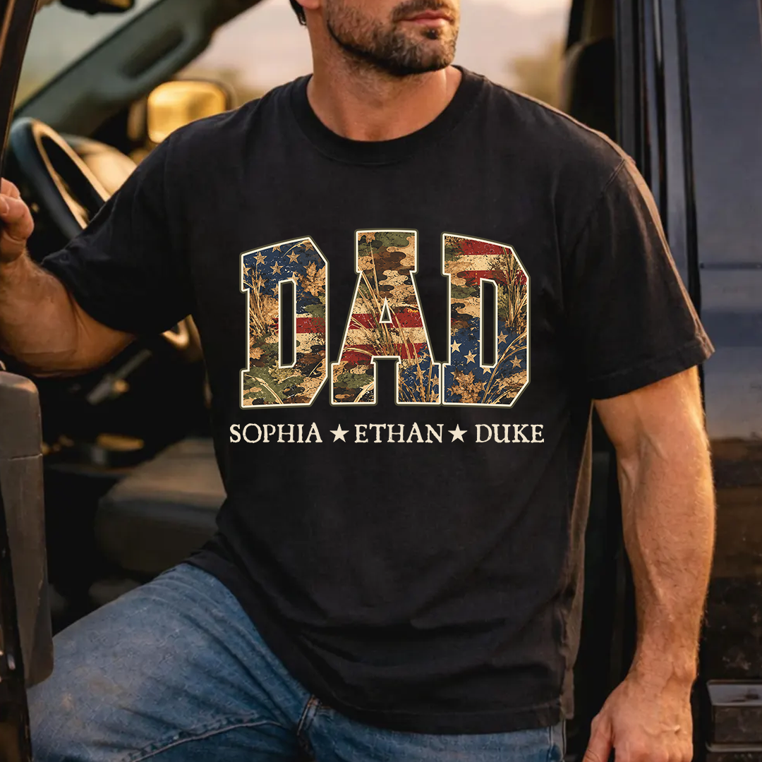Patriotic  American Flag Camo Dad Papa Pop Custom Name Father’s Day Gift T-Shirt