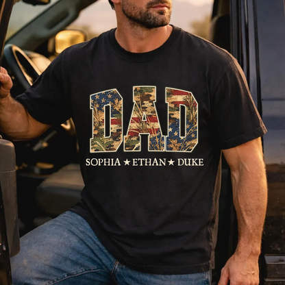 Patriotic  American Flag Camo Dad Papa Pop Custom Name Father’s Day Gift T-Shirt