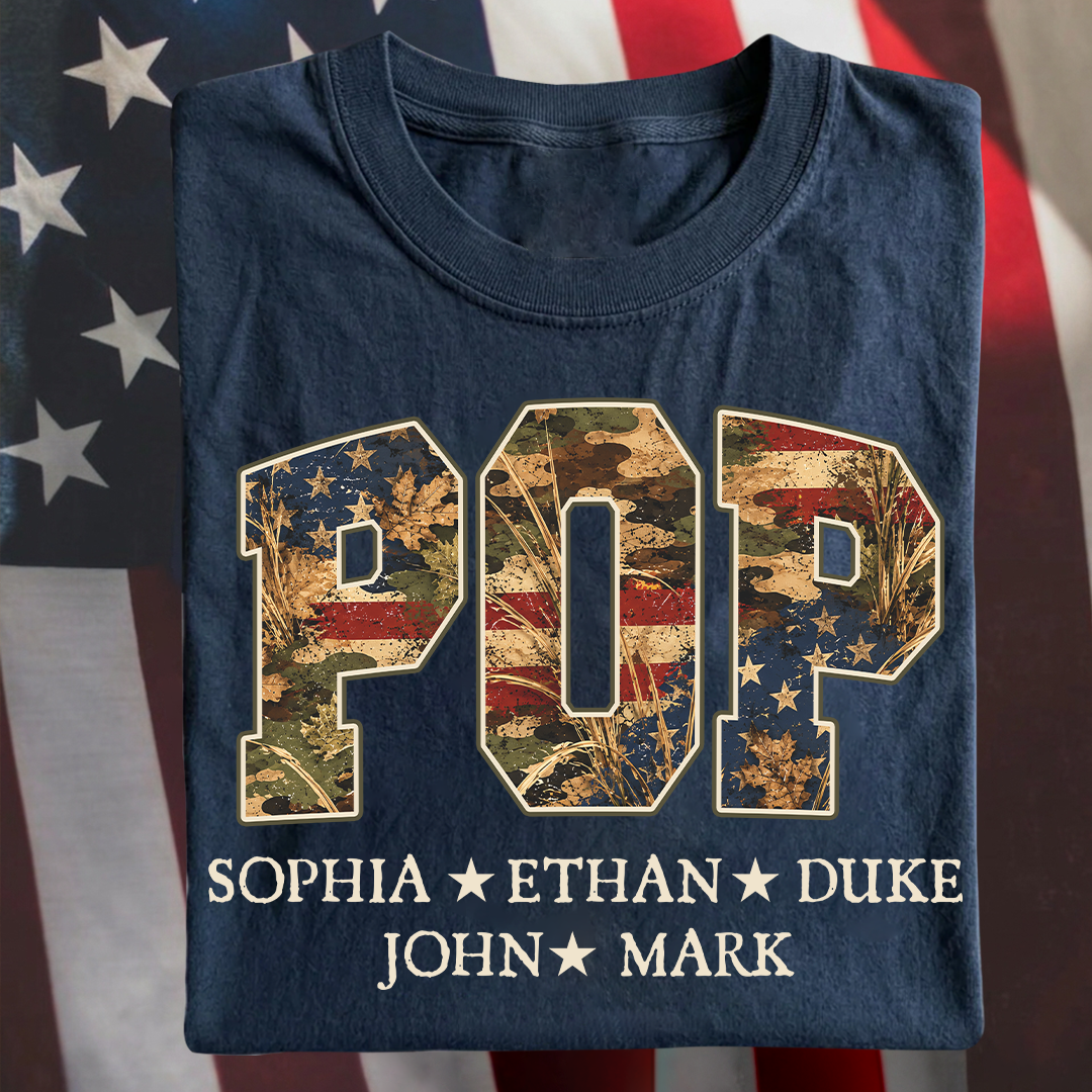 Patriotic  American Flag Camo Dad Papa Pop Custom Name Father’s Day Gift T-Shirt