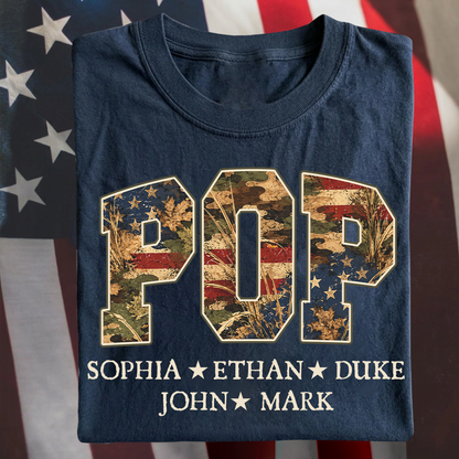 Patriotic  American Flag Camo Dad Papa Pop Custom Name Father’s Day Gift T-Shirt