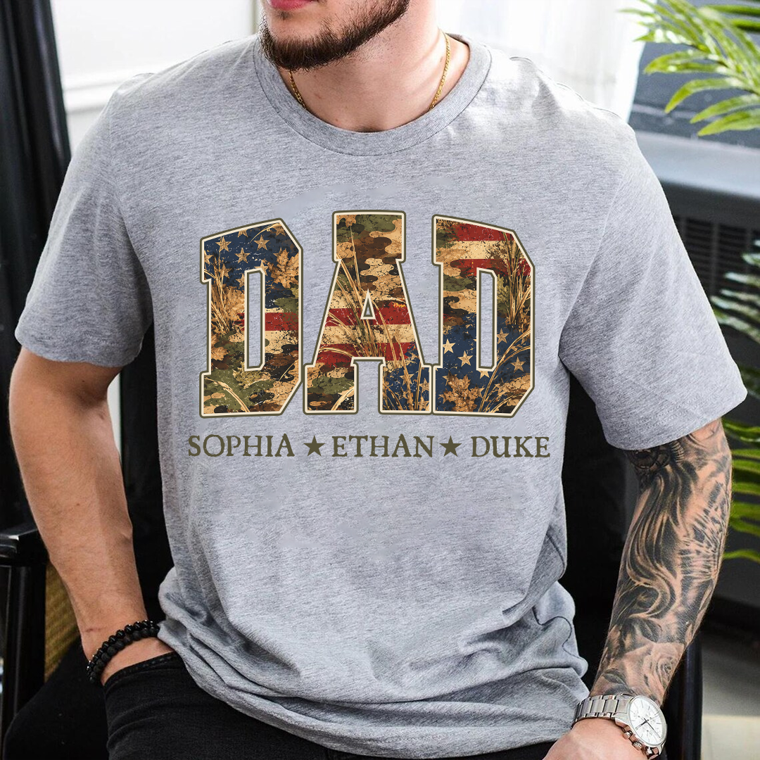 Patriotic  American Flag Camo Dad Papa Pop Custom Name Father’s Day Gift T-Shirt