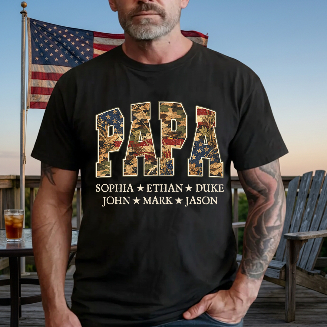 Patriotic  American Flag Camo Dad Papa Pop Custom Name Father’s Day Gift T-Shirt