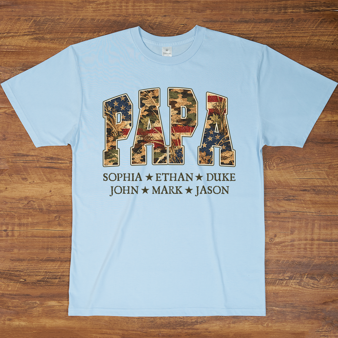 Patriotic  American Flag Camo Dad Papa Pop Custom Name Father’s Day Gift T-Shirt