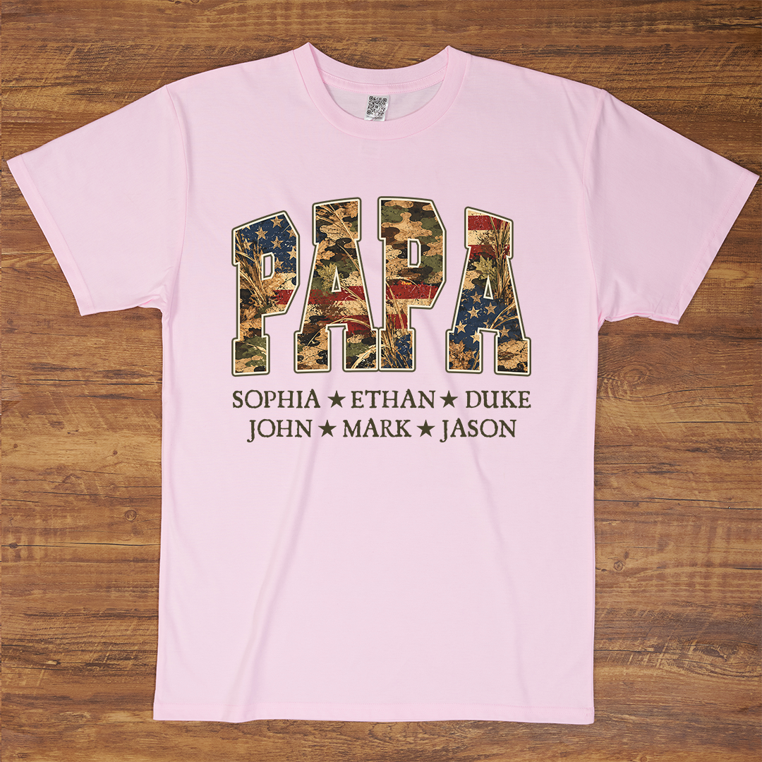 Patriotic  American Flag Camo Dad Papa Pop Custom Name Father’s Day Gift T-Shirt
