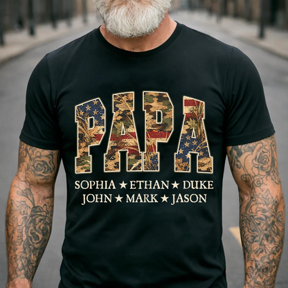 Patriotic  American Flag Camo Dad Papa Pop Custom Name Father’s Day Gift T-Shirt