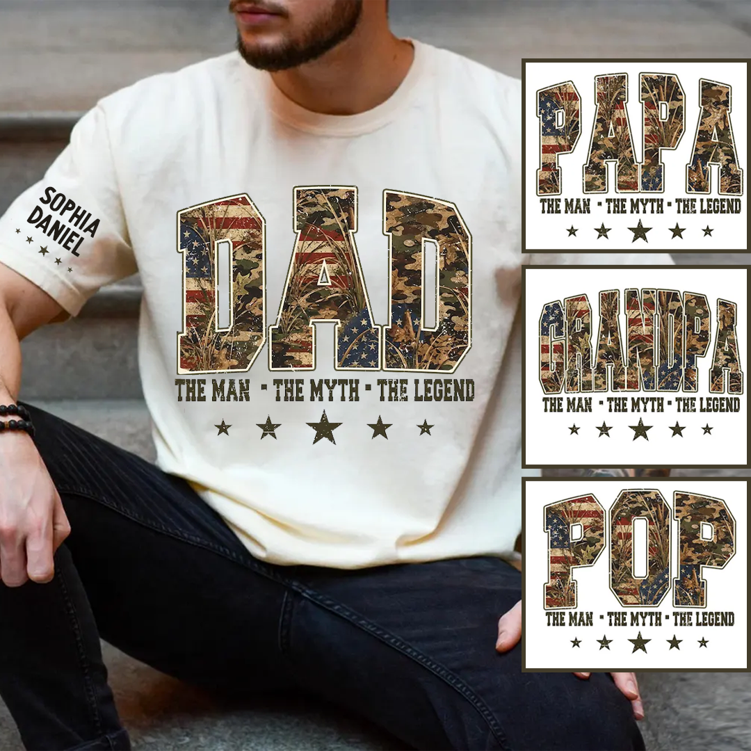 Patriotic Hunting Dad, American Flag Camo Dad Grandpa Papa Pop and Grandkids Custom Name, Father’s Day Giftd T-shirt