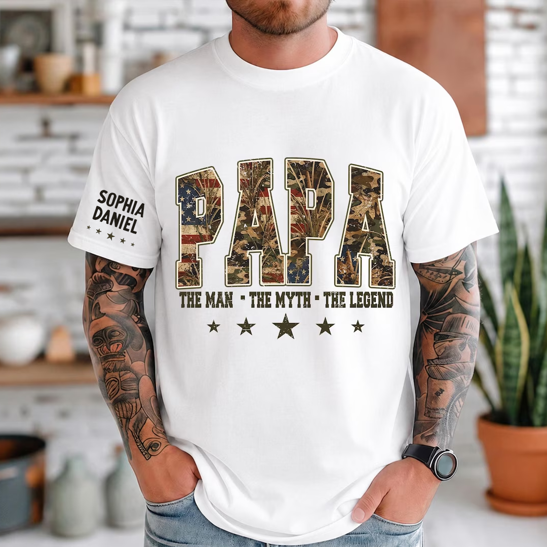 Patriotic Hunting Dad, American Flag Camo Dad Grandpa Papa Pop and Grandkids Custom Name, Father’s Day Giftd T-shirt