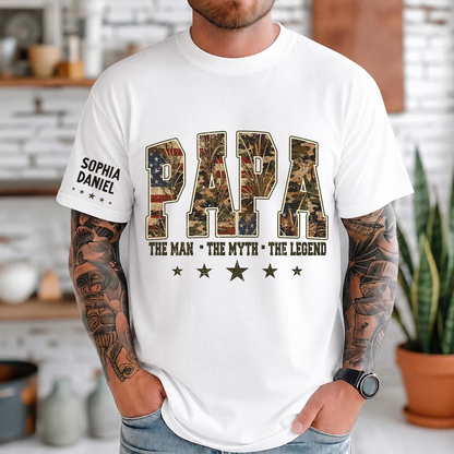 Patriotic Hunting Dad, American Flag Camo Dad Grandpa Papa Pop and Grandkids Custom Name, Father’s Day Giftd T-shirt