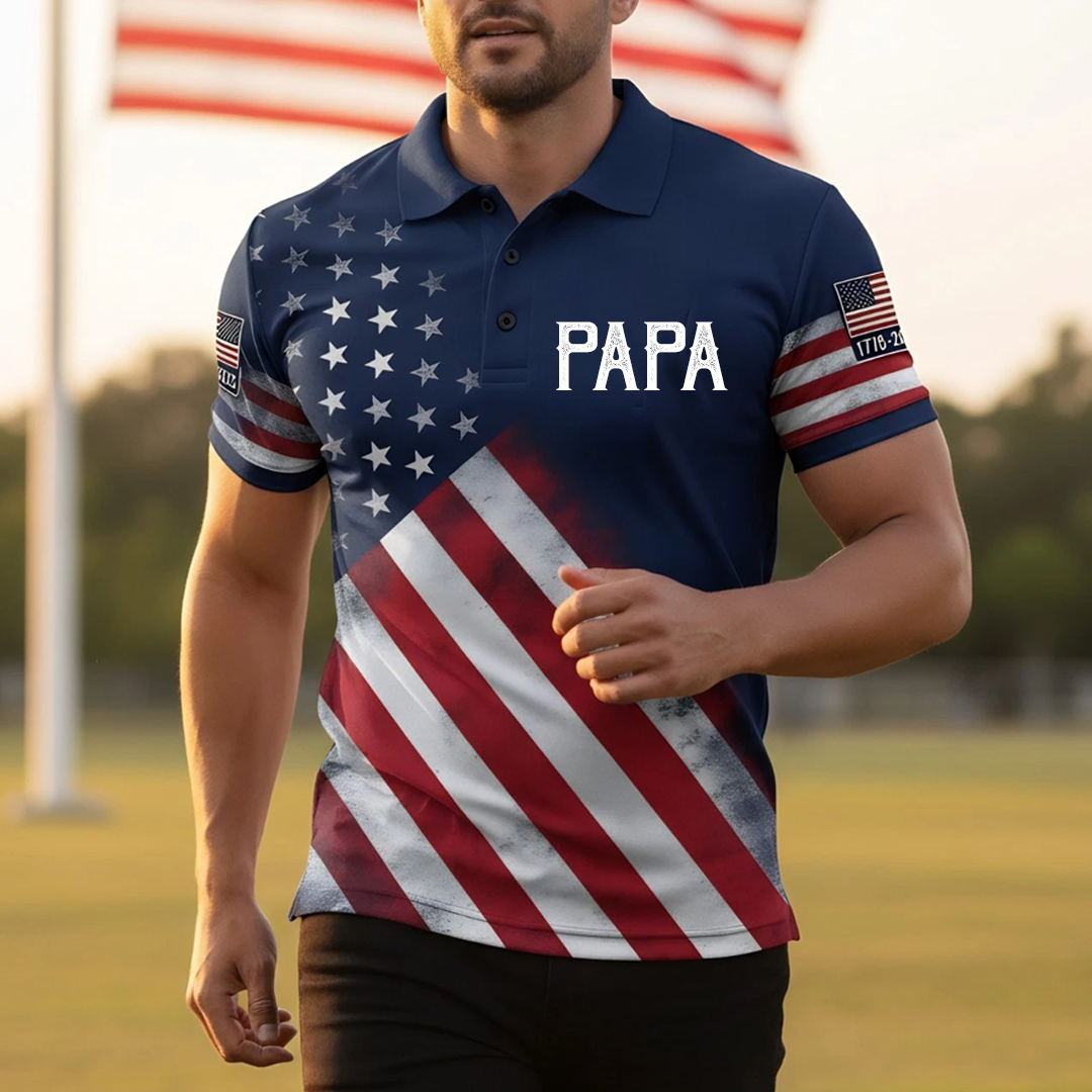Patriotic USA 250th Anniversary Polo, Perosnalized Papa Grandpa and Grandkids Independence Gift
