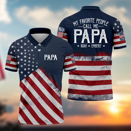 Patriotic USA 250th Anniversary Polo, Perosnalized Papa Grandpa and Grandkids Independence Gift