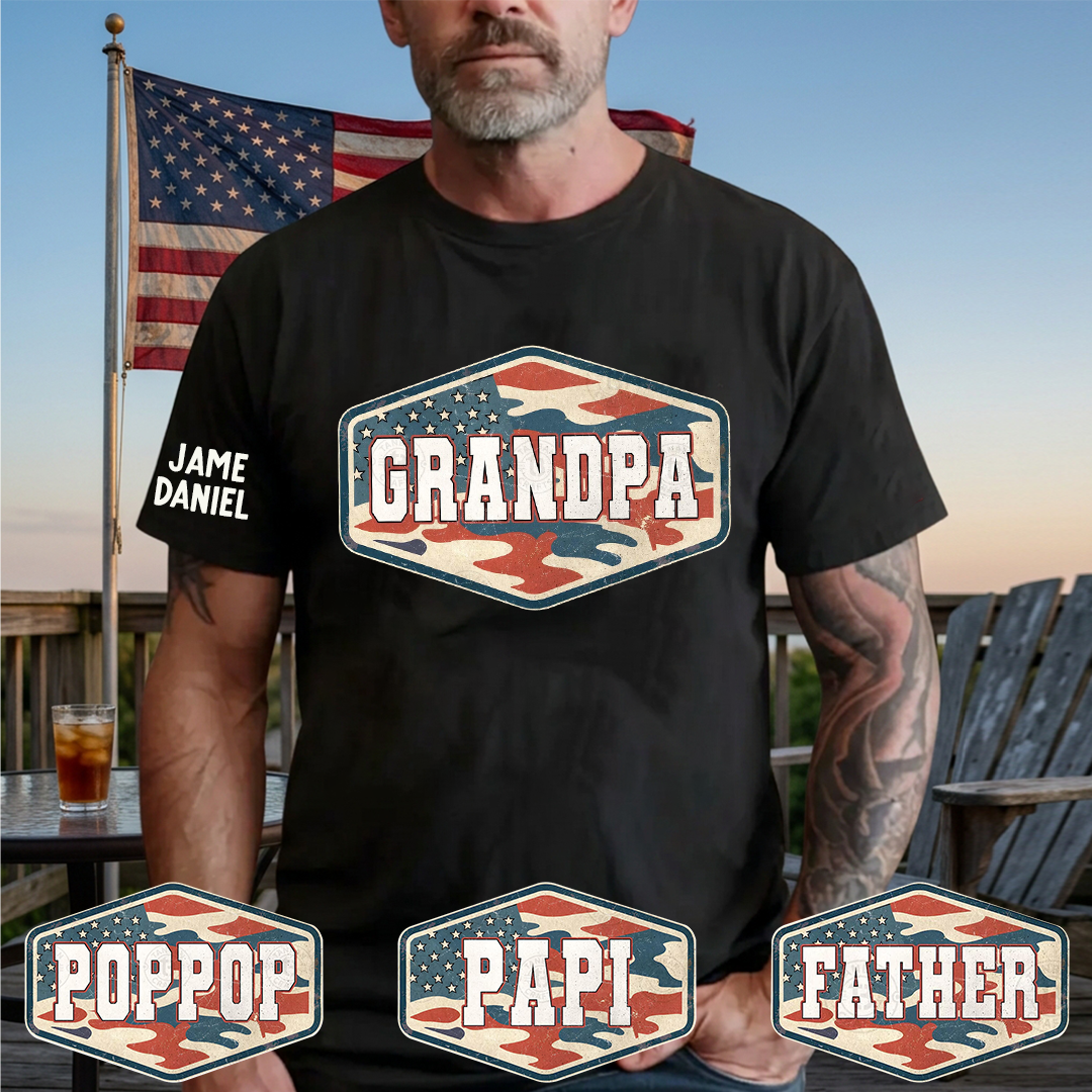 Patriotic Vintage Camouflage Papa Grandpa Dad, Custom Name Father's Day Gift T-Shirt