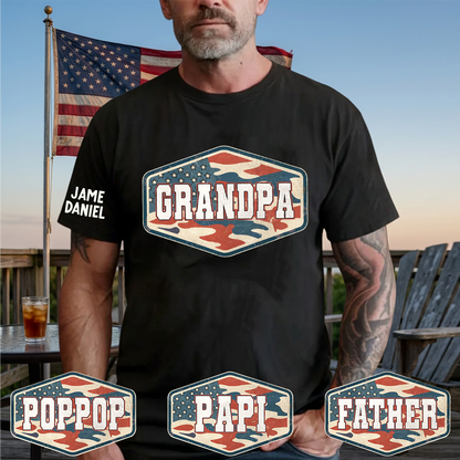 Patriotic Vintage Camouflage Papa Grandpa Dad, Custom Name Father's Day Gift T-Shirt