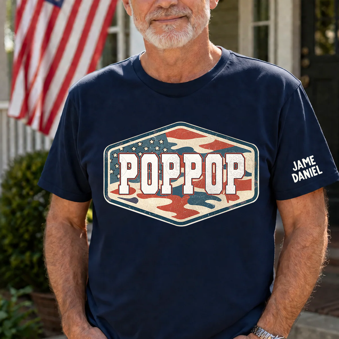 Patriotic Vintage Camouflage Papa Grandpa Dad, Custom Name Father's Day Gift T-Shirt