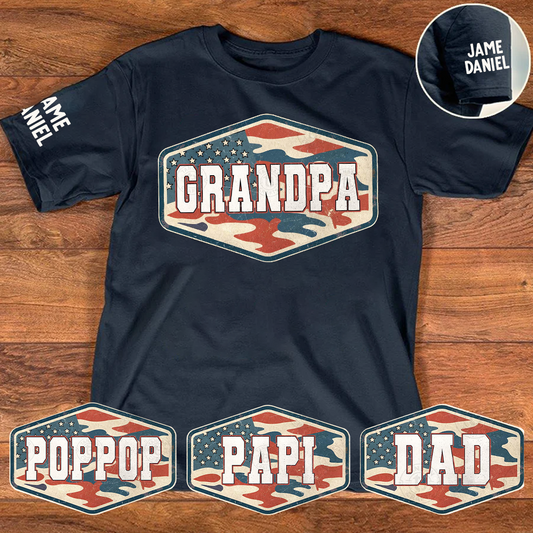 Patriotic Vintage Camouflage Papa Grandpa Dad, Custom Name Father's Day Gift T-Shirt