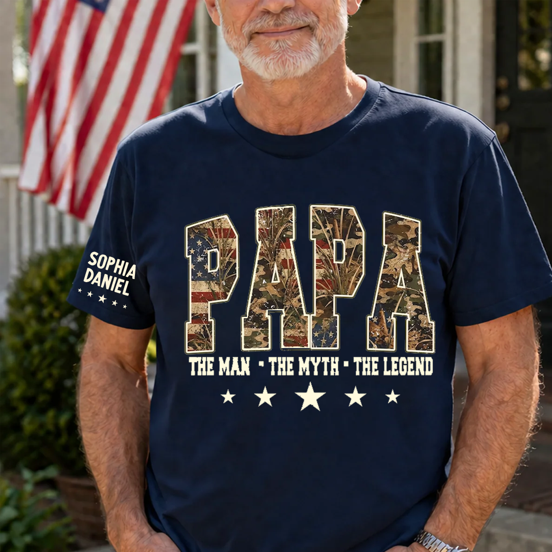 Patriotic Hunting Dad, American Flag Camo Dad Grandpa Papa Pop and Grandkids Custom Name, Father’s Day Giftd T-shirt