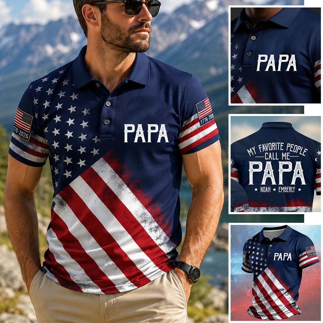 Patriotic USA 250th Anniversary Polo, Perosnalized Papa Grandpa and Grandkids Independence Gift