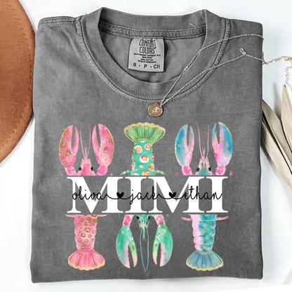 Comfort Colors Custom Mimi Lobster Shirt with Grandkids Names, Personalized Grandma Beach Summer T-Shirt Gift for Grandma