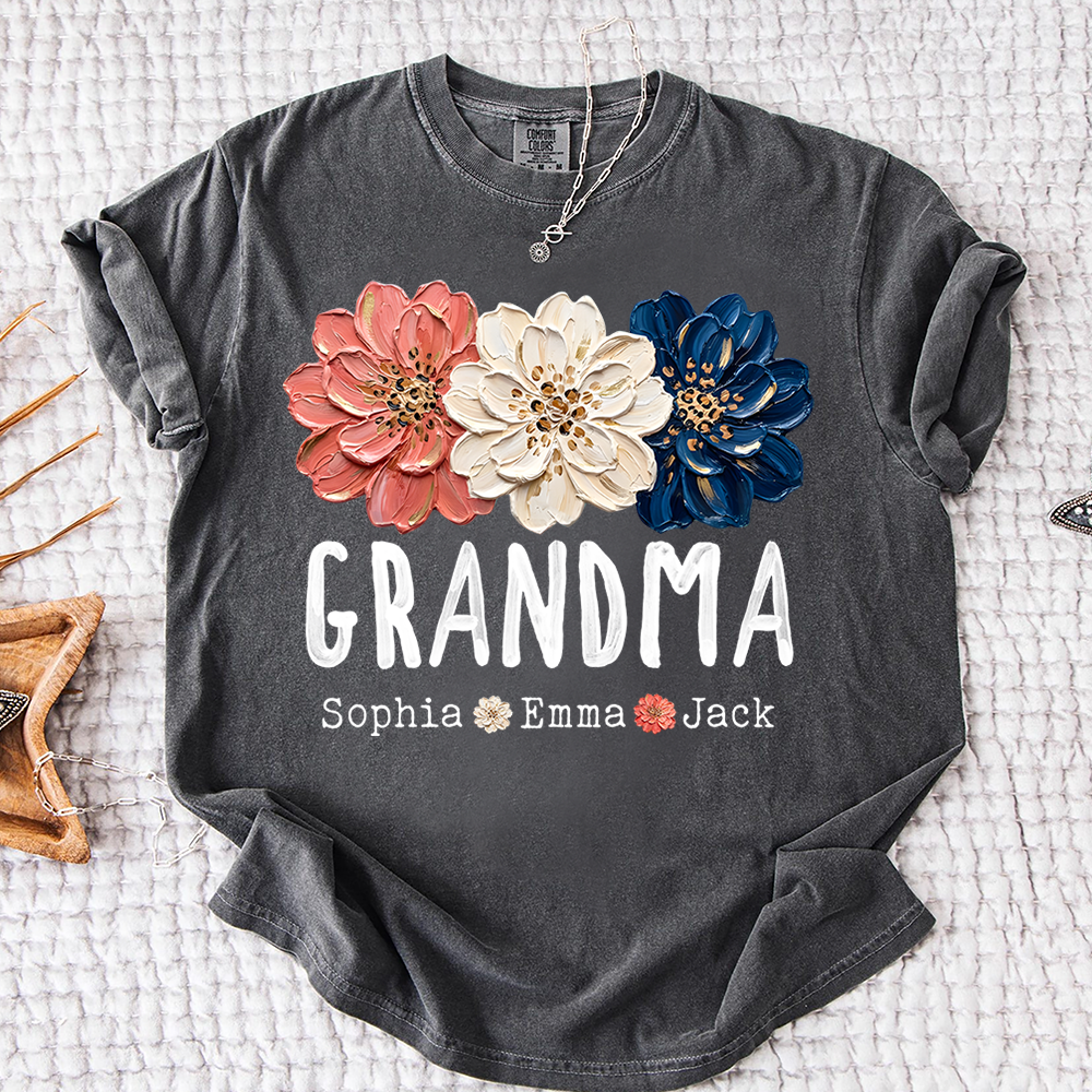 Comfort Colors® Patriotic Floral Grandma T-Shirt, Personalized Nana Mimi Mama Shirt with Kids Names, 4th of July Independence Day Gift