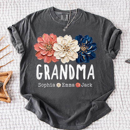Comfort Colors® Patriotic Floral Grandma T-Shirt, Personalized Nana Mimi Mama Shirt with Kids Names, 4th of July Independence Day Gift