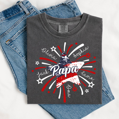 Comfort Colors® Custom 4th of July Papa Shirt, Custom Grandpa Firework American Flag T-Shirt