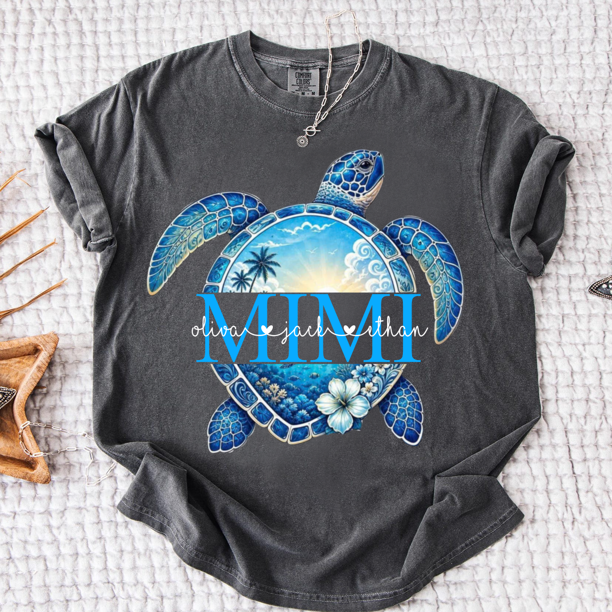 Comfort Colors® Personalized Mimi Sea Turtle Shirt, Custom Grandkids Names Beach Tee, Coastal Ocean Summer Gift for Grandma