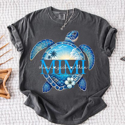 Comfort Colors® Personalized Mimi Sea Turtle Shirt, Custom Grandkids Names Beach Tee, Coastal Ocean Summer Gift for Grandma