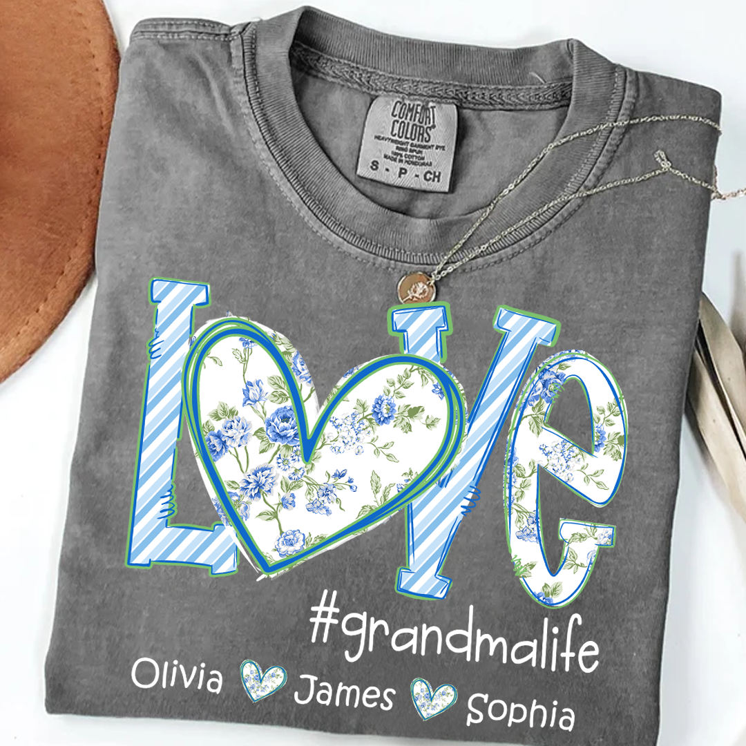 Love grandmalife Personalized Grandma Shirt - Floral Print Comfort Colors Tee - Custom Grandmother Gift with Grandkids' Names