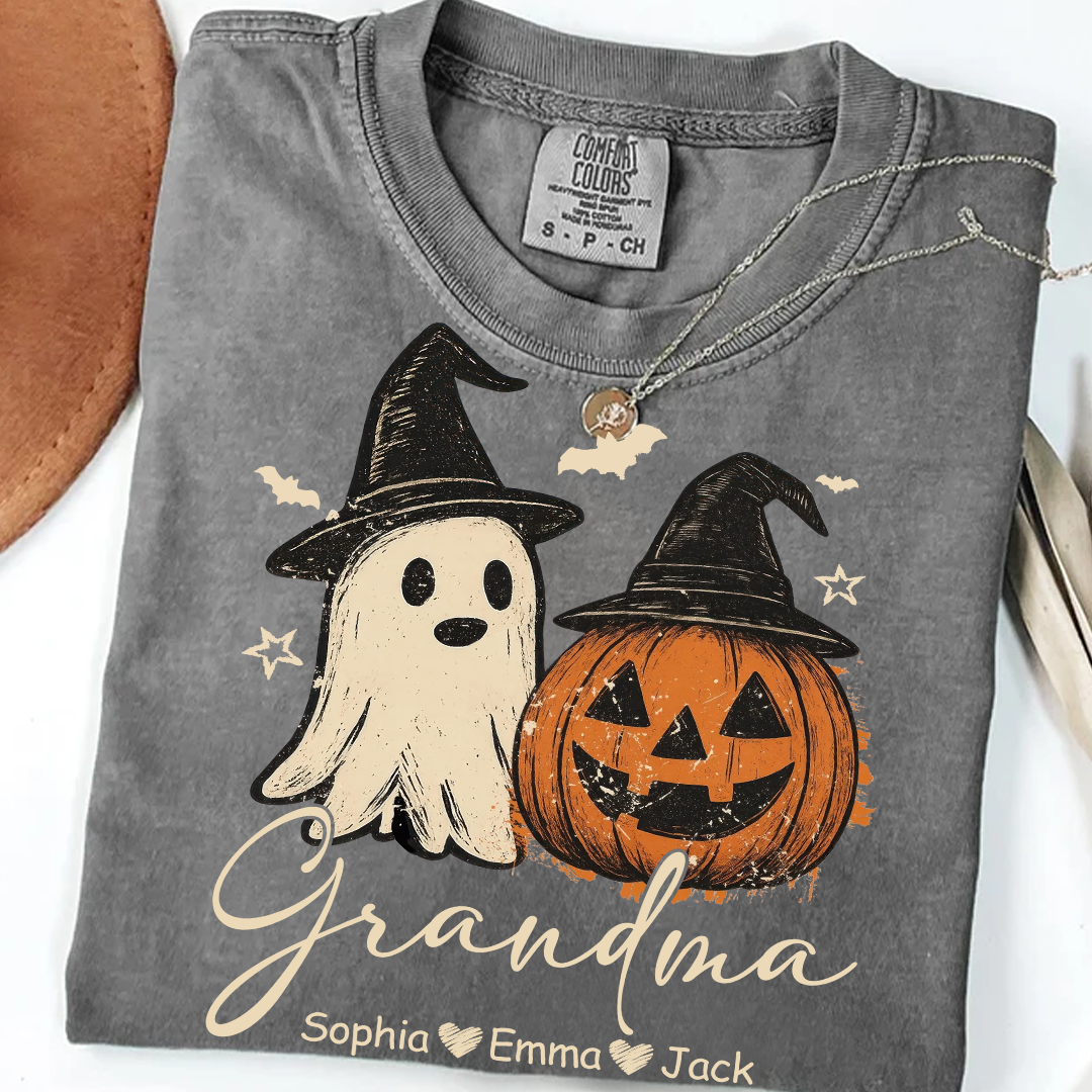 Comfort Colors® Grandma Floral Pumpkin, Ghost Pumpkin And Grandkids T-Shirt