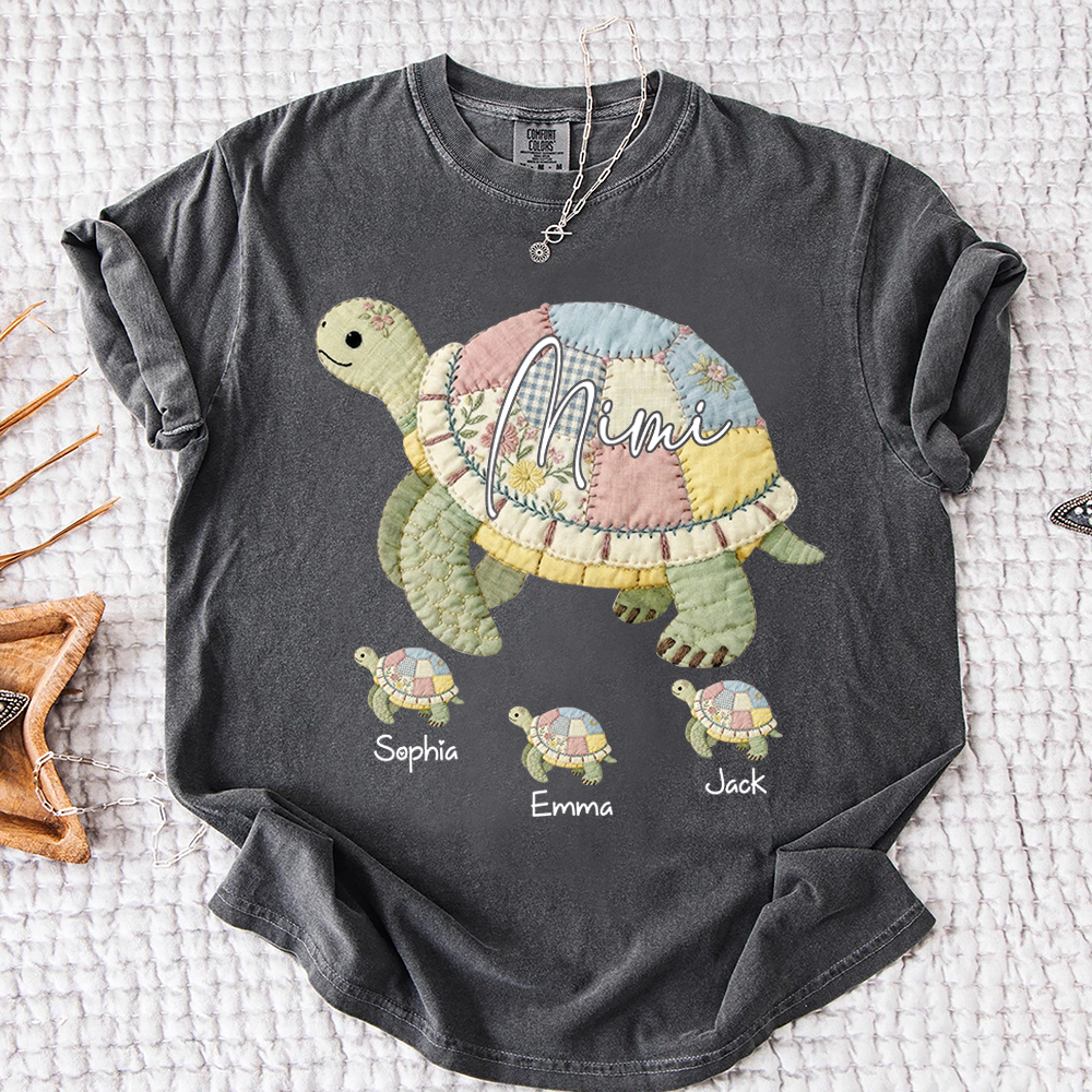 Comfort Colors® Personalized Mimi Patchwork Turtle, Custom Grandkids Names Shirt, Grandma Turtle Family Shirt, Birthday Gift for Mimi Nana Gigi, Mothers Day Shirt