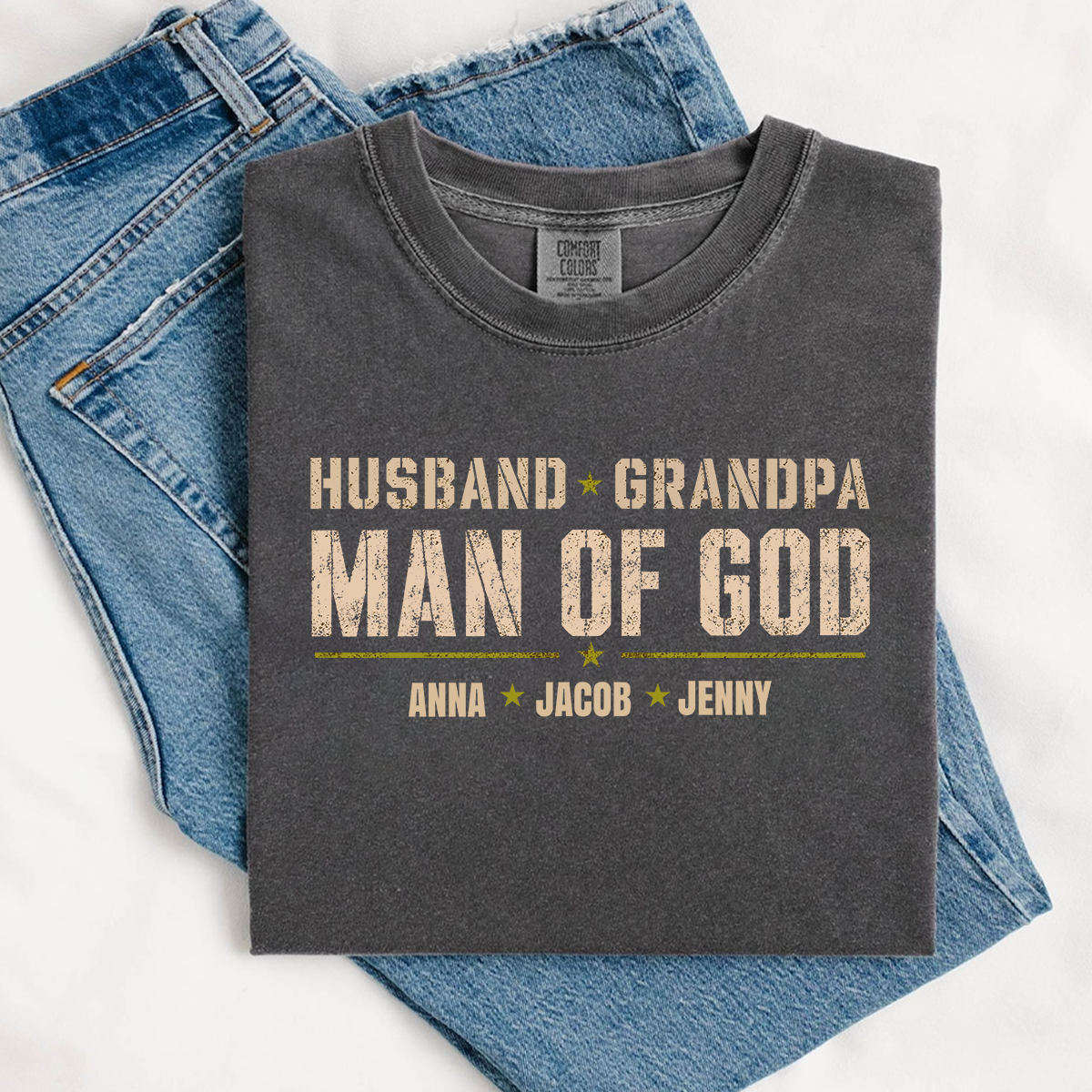 Comfort Colors® Personalized Husband Grandpa Man of God Shirt with Kids Names, Custom Family Nickname T-Shirt for Dad Fathers Day Birthday