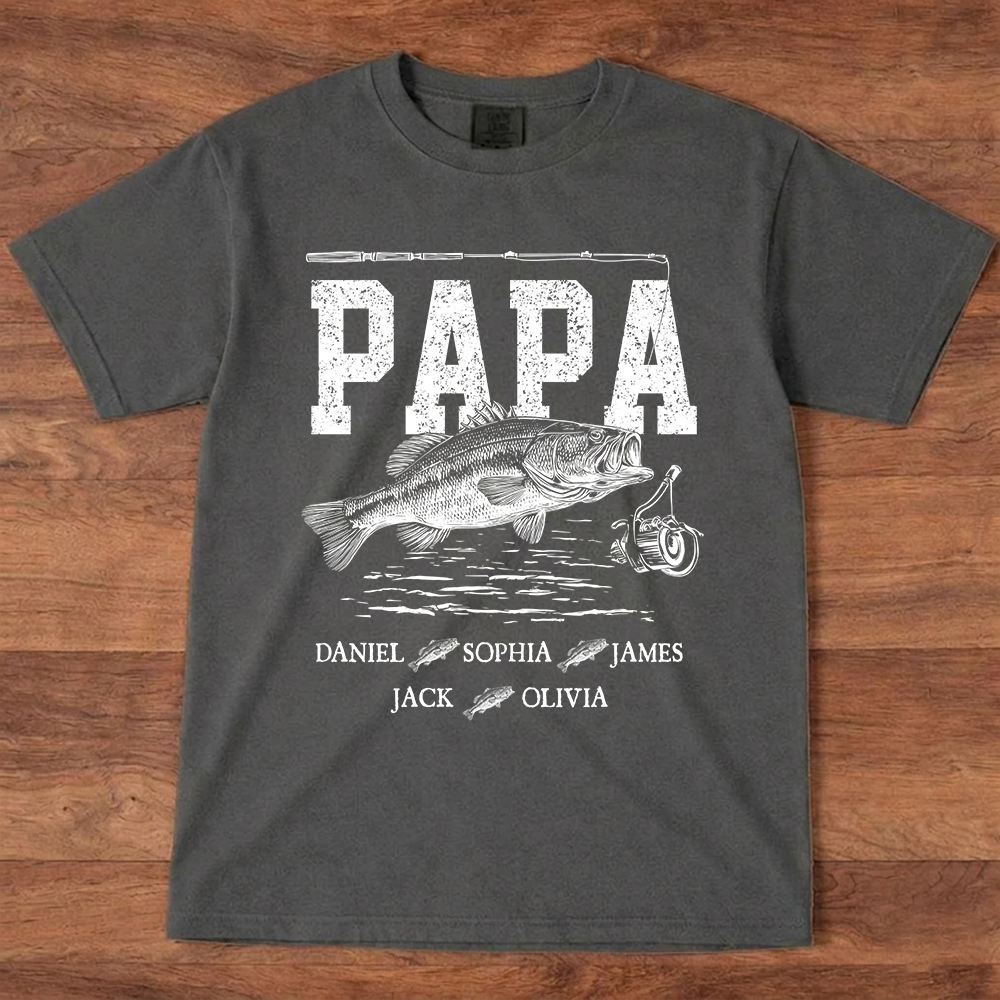 Comfort Colors® Papa Fishing Custom Name, Personalized Dad Papa Grandpa and Grandkids Gift  Father's Day T-shirt