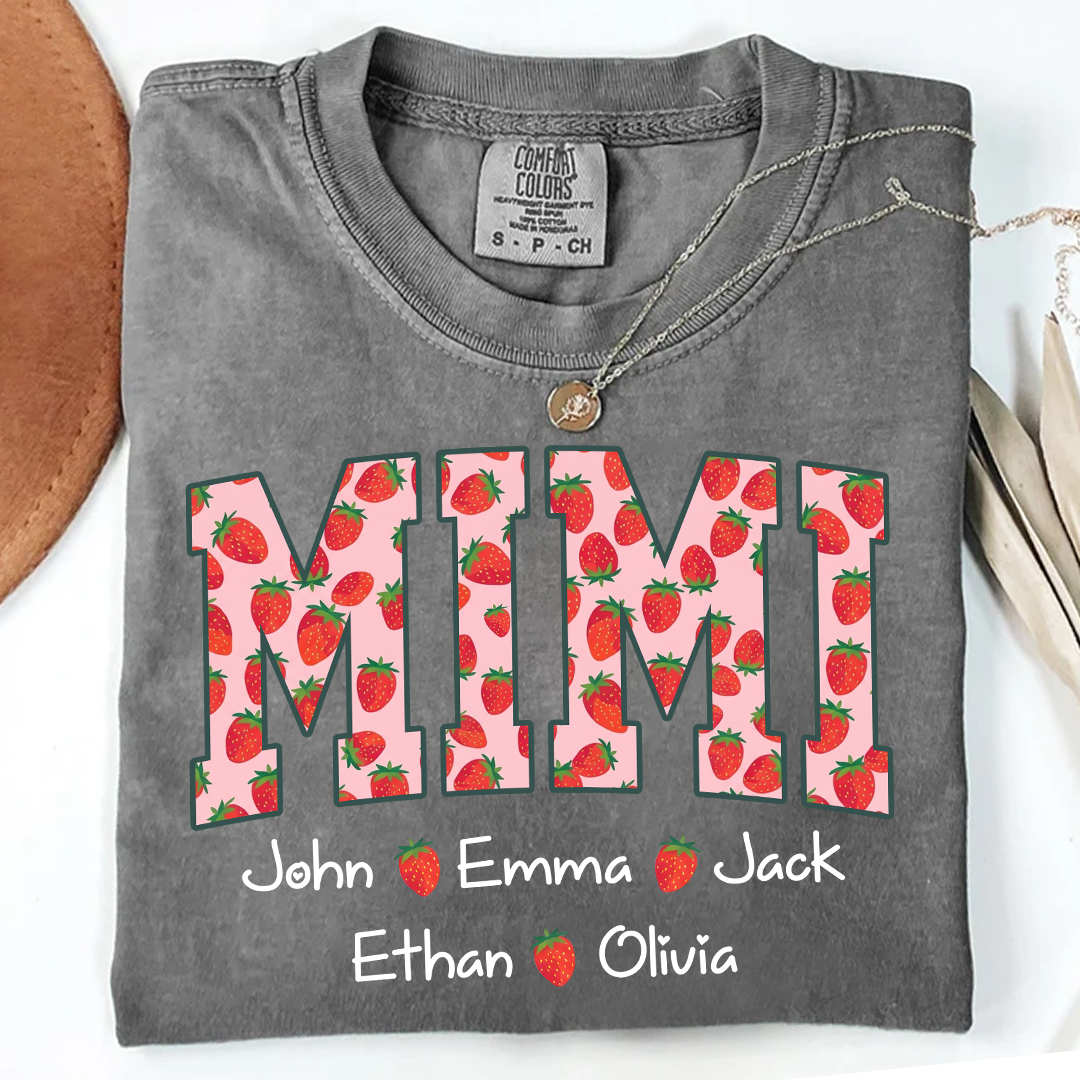 Comfort Colors® Personalized Mimi Strawberry Shirt, Custom Grandma Shirt with Grandkids Names, Cute Strawberry Graphic T-Shirt