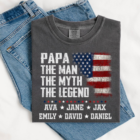 Papa The Man The Myth The Legend Shirt - Custom Comfort Colors Tee with Grandkids Names - Father's Day Gift