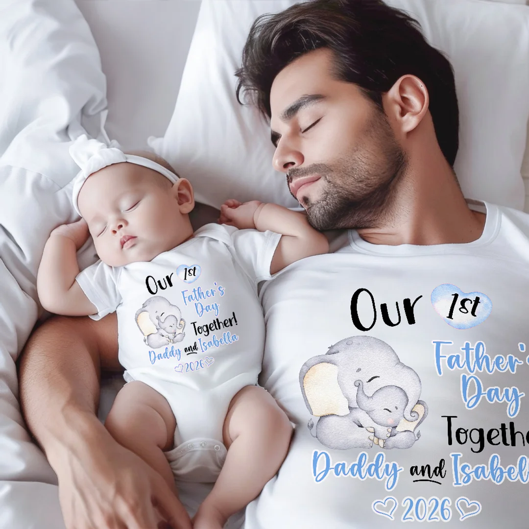 Personalised Cute Elephant Our First Father's Day, Dad and Baby Set with Name Gift for Dad Baby