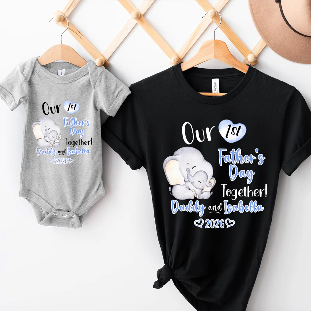 Personalised Cute Elephant Our First Father's Day, Dad and Baby Set with Name Gift for Dad Baby