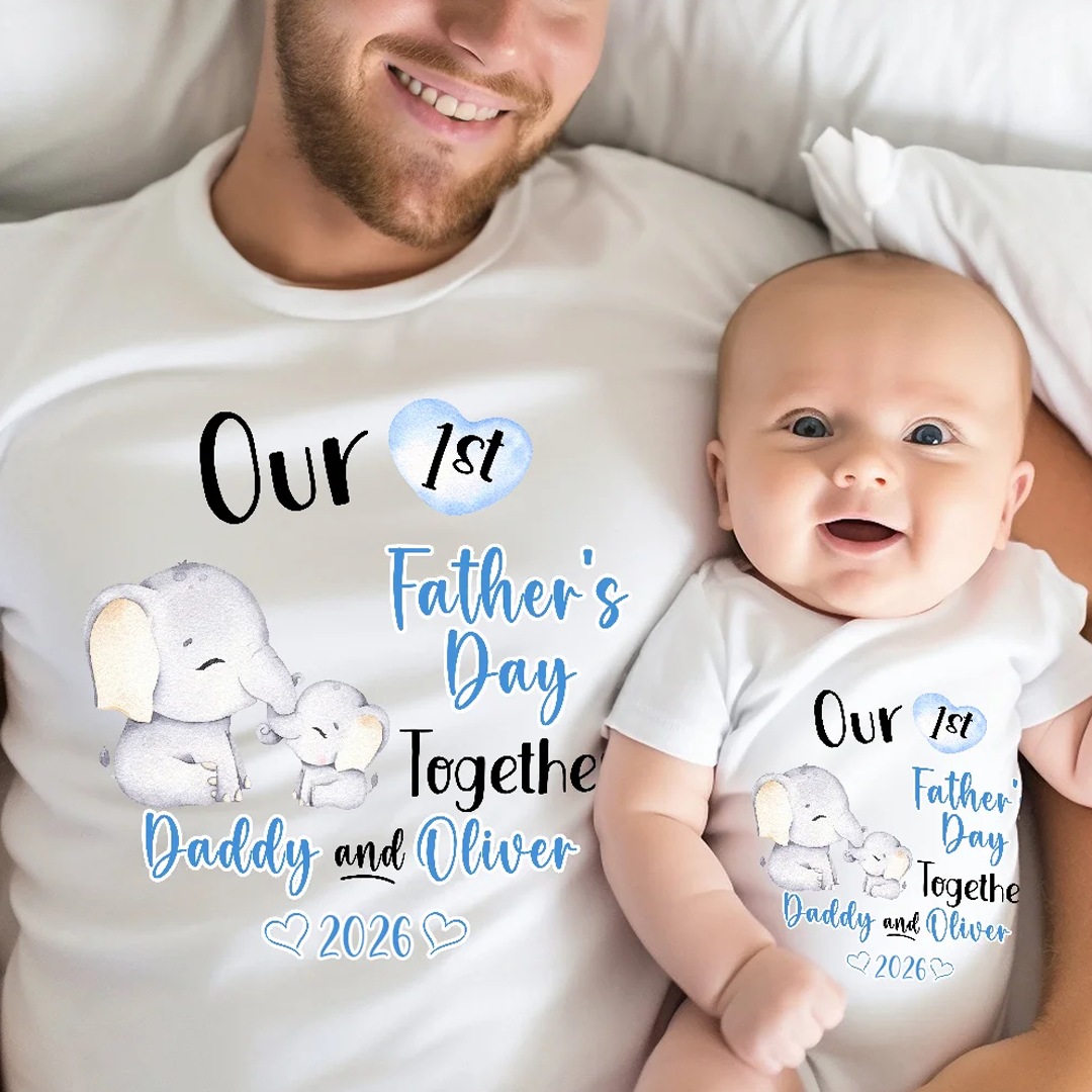 Personalised Cute Elephant Our First Father's Day, Dad and Baby Set with Name Gift for Dad Baby