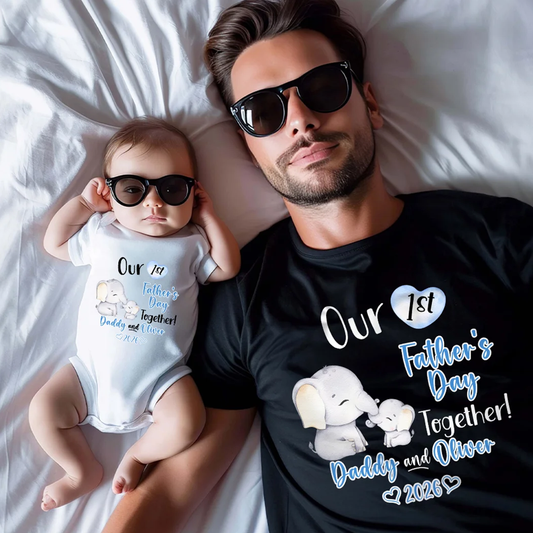 Personalised Cute Elephant Our First Father's Day, Dad and Baby Set with Name Gift for Dad Baby