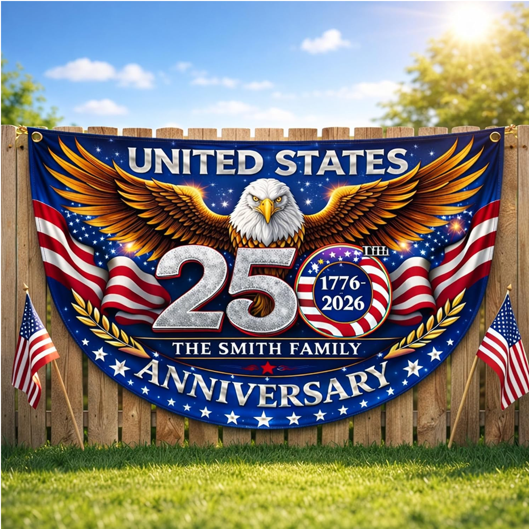 Personalized 250th Anniversary Bunting Flag, USA 250th 4th of July Patriotic Gift for Family, Porch, Fence, Garden, Outdoor Decor
