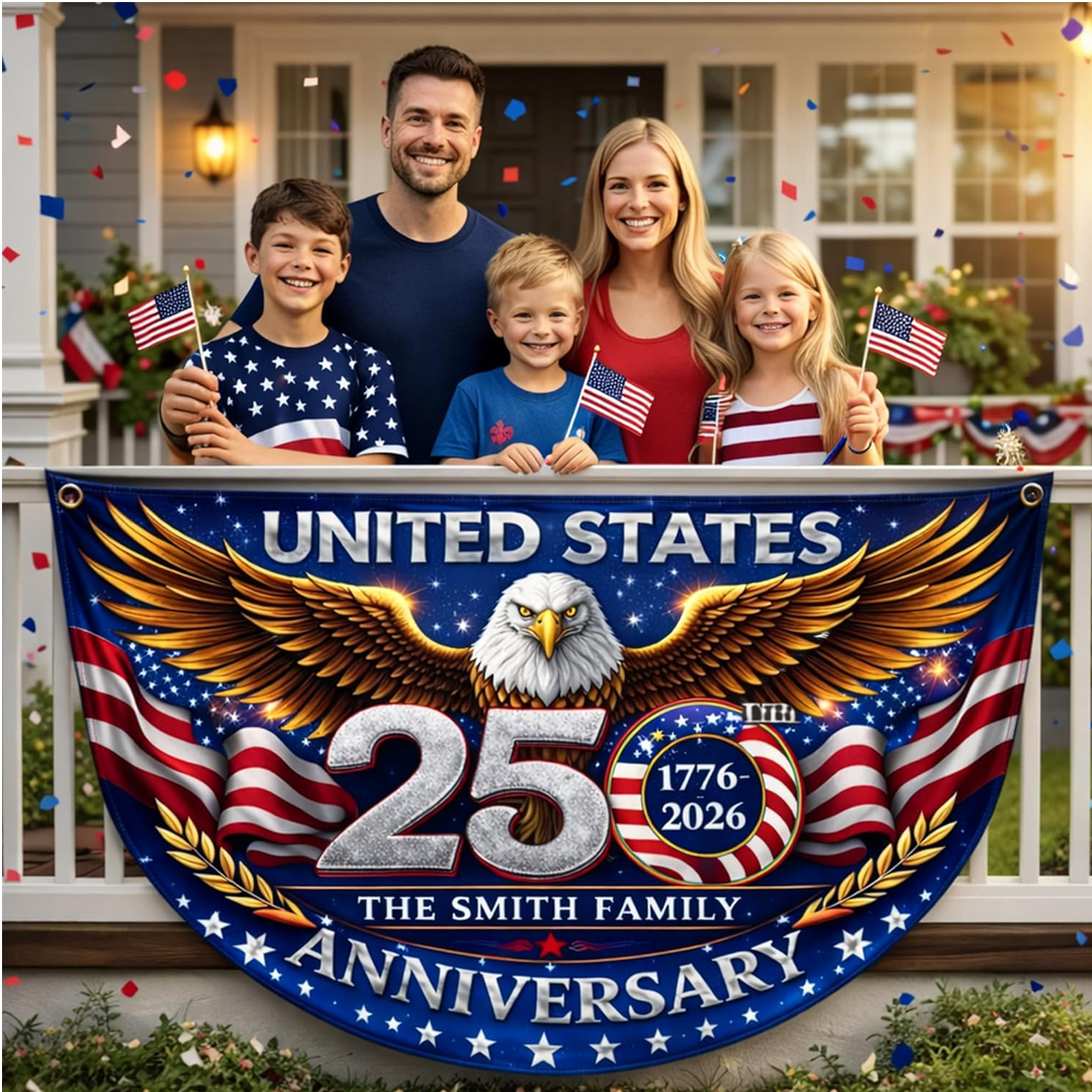 Personalized 250th Anniversary Bunting Flag, USA 250th 4th of July Patriotic Gift for Family, Porch, Fence, Garden, Outdoor Decor