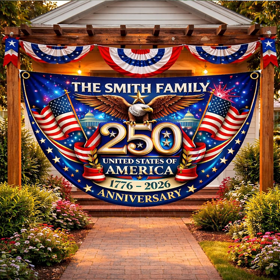 Personalized America 1776 2026 Patriotic Eagle Design Banner, USA 250th Anniversary Bunting Flag with Family Name