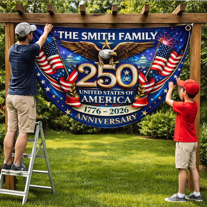 Personalized America 1776 2026 Patriotic Eagle Design Banner, USA 250th Anniversary Bunting Flag with Family Name