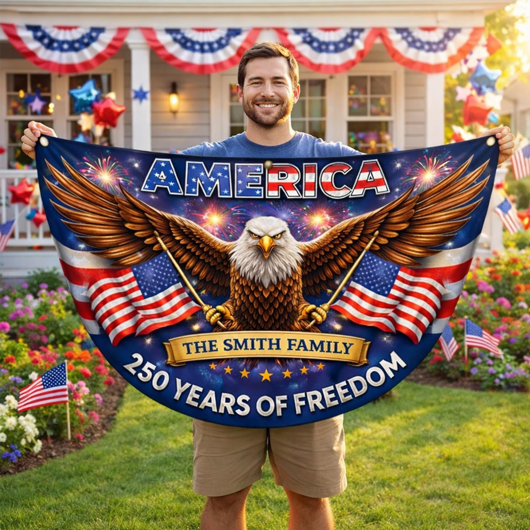 Personalized USA 250th Anniversary Bunting Flag with Family Name, 4th of July Patriotic Eagle