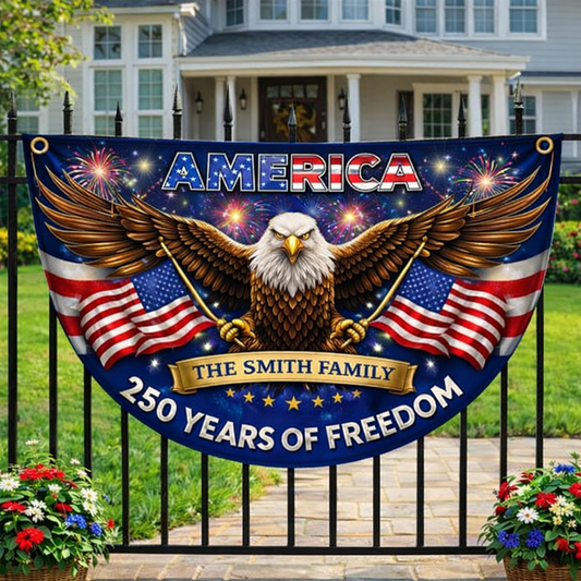 Personalized USA 250th Anniversary Bunting Flag with Family Name, 4th of July Patriotic Eagle