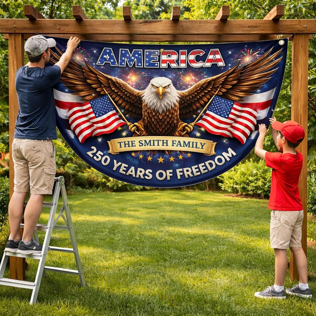 Personalized USA 250th Anniversary Bunting Flag with Family Name, 4th of July Patriotic Eagle
