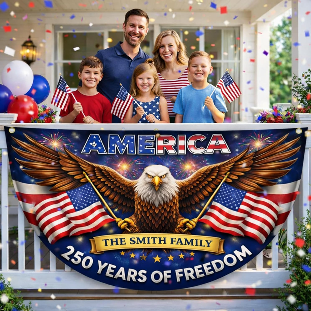 Personalized USA 250th Anniversary Bunting Flag with Family Name, 4th of July Patriotic Eagle