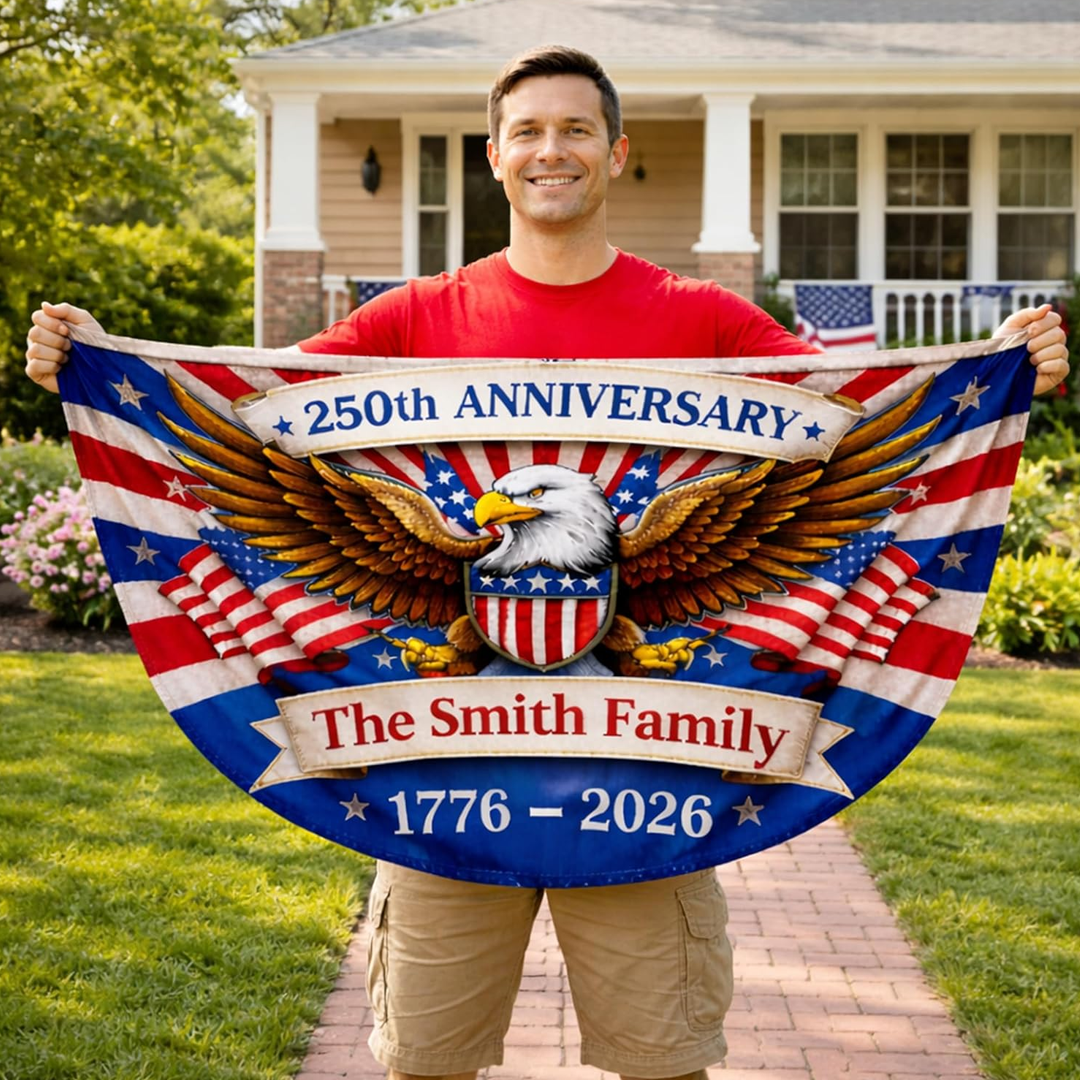 Personalized USA 250th Anniversary Bunting Flag with Family Name, America 1776-2026 Design