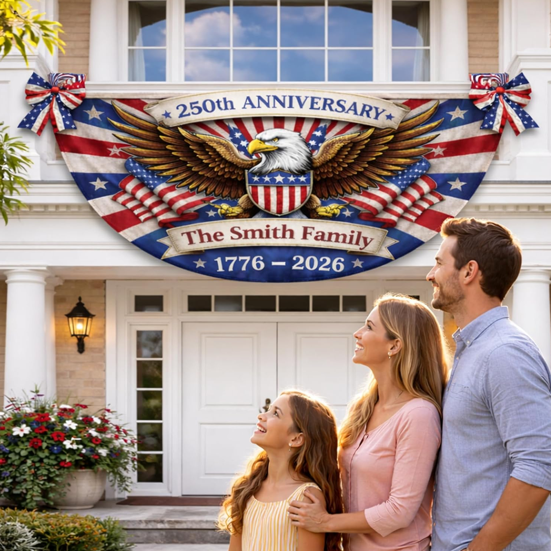 Personalized USA 250th Anniversary Bunting Flag with Family Name, America 1776-2026 Design