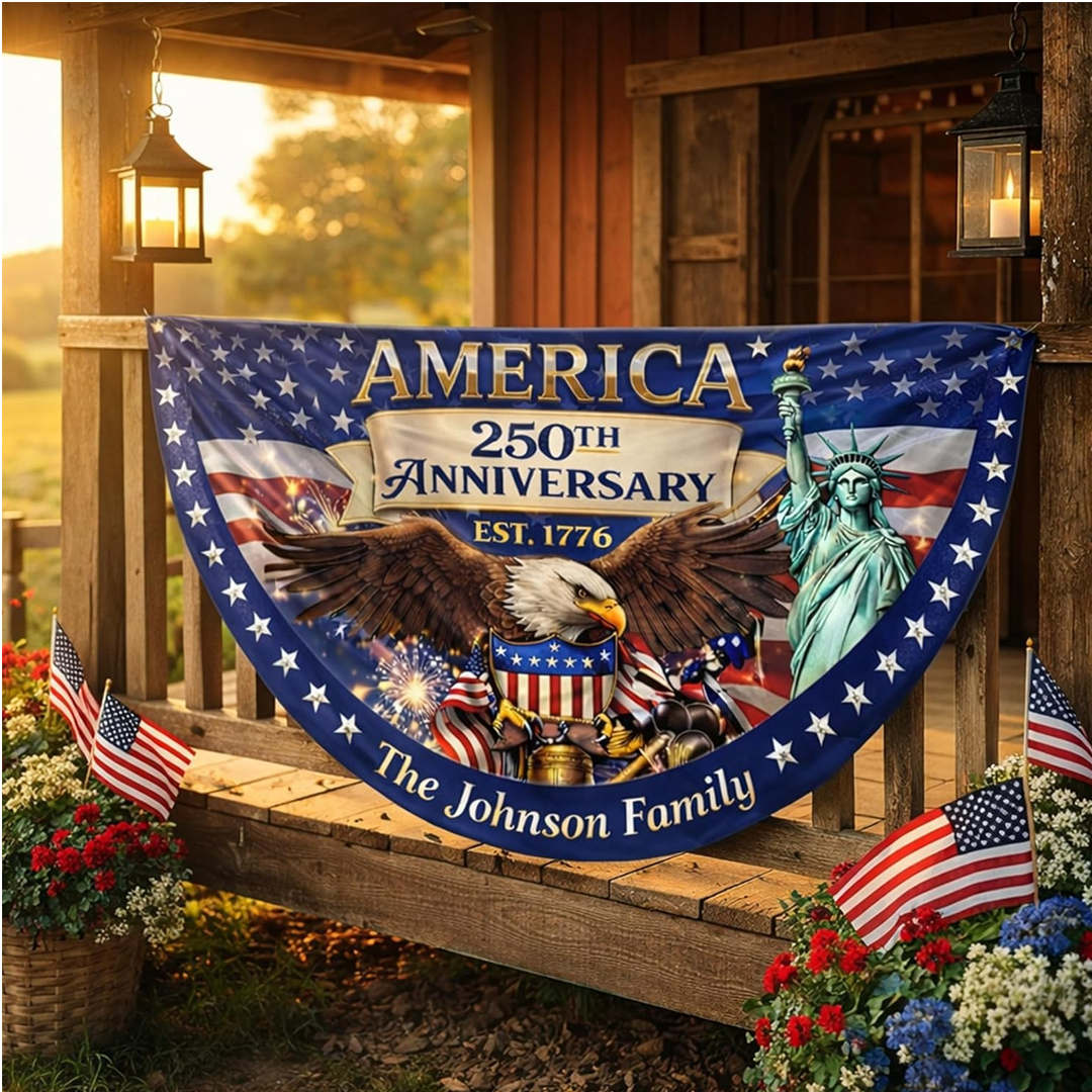 Personalized USA 250th Anniversary Bunting Flag with Family Name, America 1776-2026 Patriotic Eagle Design